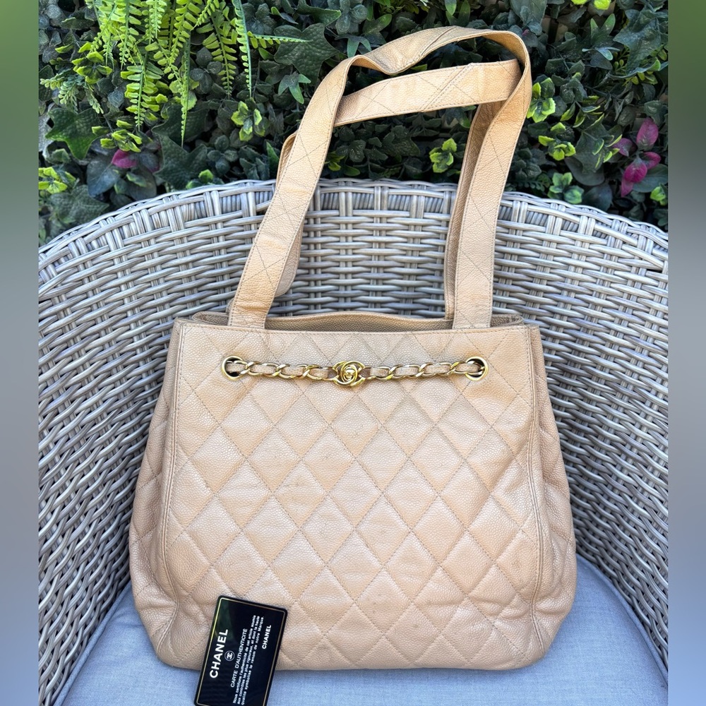 Authentic CHANEL beige caviar leather CC mini tote